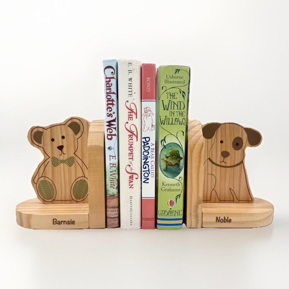 Barnsie & Noble Wooden Teddy Bear & Puppy Bookends Nursery Storybook Decor ~ 5"